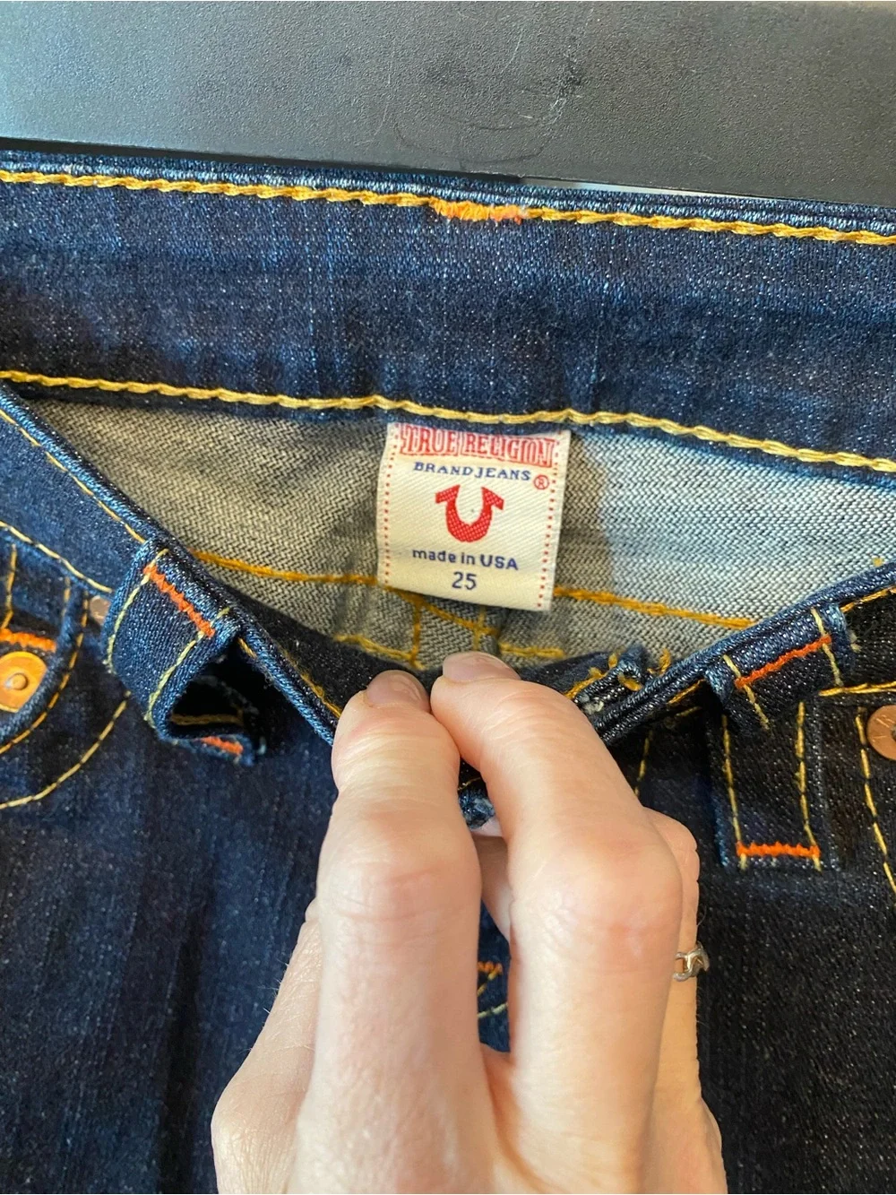 True Religion Women's Dark Blue Flare Jeans with Contrast Stitching - Picture 7 of 7